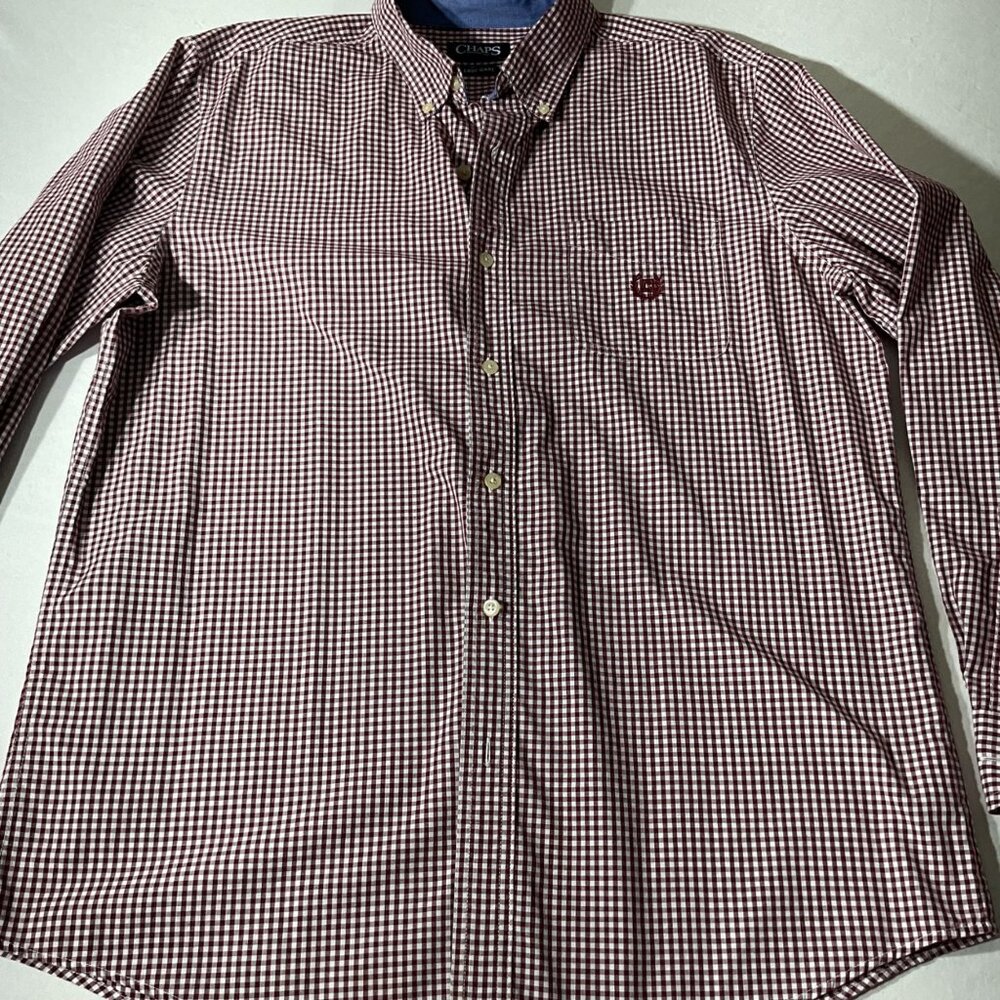 Chaps Mens Red & White Gingham Long Sleeve Button-Down Shirt Cotton Size Large
